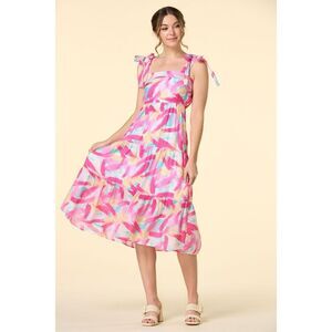 NWT Blu Pepper Sz L Babydoll Colorful Abstract Print Bow Sleeveless Strap Dress